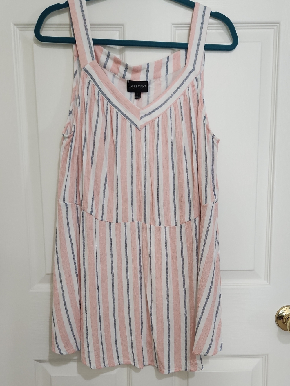 Lightweight Lane Bryant White, Pink & Blue Striped Ruffle-Front Tank Top